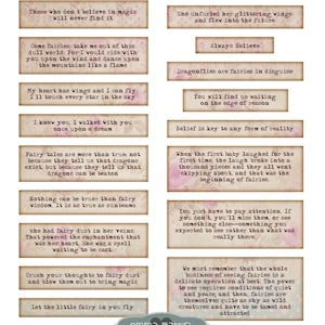 May include: Printable quotes about fairies, dragons, and magic. The quotes are in a vintage style with a pink and brown color scheme. The text includes phrases like "Always Believe", "Dragonflies are fairies in disguise", and "Fairy tales are more than true".