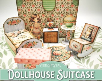 Printable Dollhouse Suitcase, Shabby Chic Papercraft Project, Paper Doll, Vintage Roses, Dolls House, Paper Furniture Set, Playset