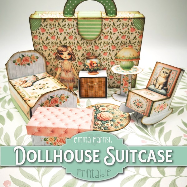 Printable Dollhouse Suitcase, Shabby Chic Papercraft Project, Paper Doll, Vintage Roses, Dolls House, Paper Furniture Set, Playset