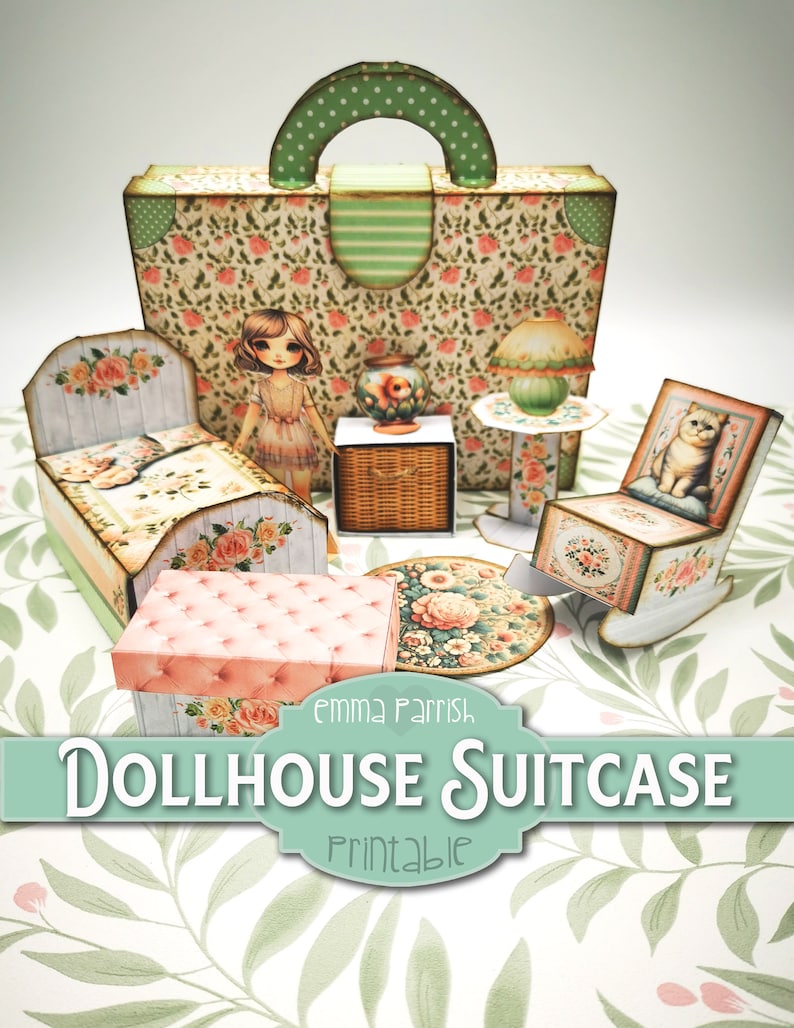 May include: A printable dollhouse suitcase with a floral pattern. The suitcase opens to reveal a miniature bedroom with a bed, nightstand, chair, and lamp. The dollhouse is perfect for imaginative play and decoration.
