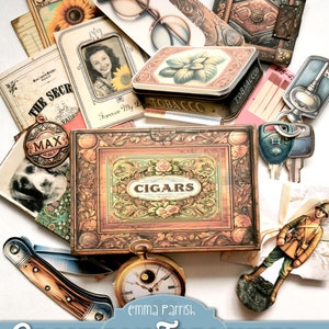 May include: A collection of vintage items, including a cigar box, a tobacco tin, a pocket watch, a pair of glasses, a key chain, a pocket knife, a seed packet, and a photo of a woman. The items are arranged on a white background and have a rustic, antique aesthetic. The text "GRANDPA'S TREASURES" is printed on a blue banner at the bottom of the image.