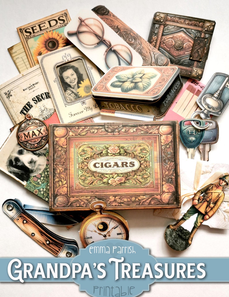 May include: A collection of vintage items, including a cigar box, a tobacco tin, a pocket watch, a pair of glasses, a key chain, a pocket knife, a seed packet, and a photo of a woman. The items are arranged on a white background and have a rustic, antique aesthetic. The text "GRANDPA'S TREASURES" is printed on a blue banner at the bottom of the image.