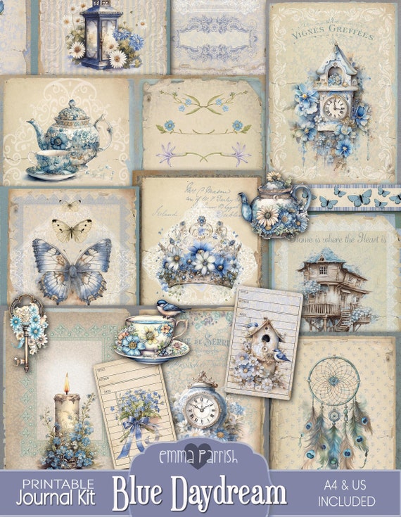 Blue Junk Journal Kit, Shabby, Vintage, Butterflies, Floral