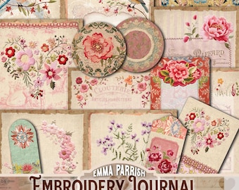 Vintage Embroidery Junk Journal Printables Kit, Textile Fabric Digital Download, Pink, Cream, Antique Pages, Ephemera, Scrapbooking, Collage