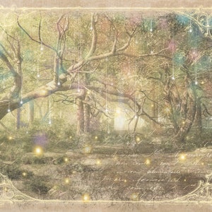 May include: A vintage-style image of a forest with glowing lights hanging from the trees. The image has a soft, dreamy feel and is reminiscent of a fairy tale.