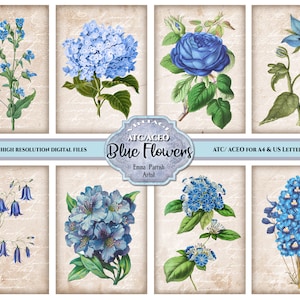 ACEO ATC Blue Flowers Card Making, Etiquetas, Enfeites, Junk Journal Art Trading Cards Digital Vintage Ephemera, Download instantâneo para impressão