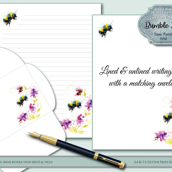 Bumble Bee Briefpapier Briefpapier Set mit passendem Umschlag, A4 & US Letter liniertes und unliniertes einfaches Briefpapier, printable Instant Download