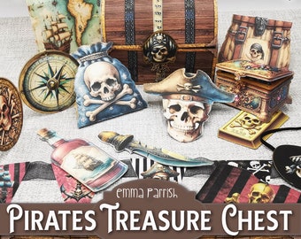 Piraten-Schatztruhe, druckbare Junk-Journal-Foliobox, Basteln mit Papier, Piratenwimpel, druckbarer Schatz, 10 interaktive Projekte, Kartenherstellung