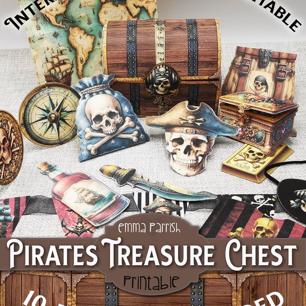 Pirate Treasure Chest afdrukbare Junk Journal Folio Box, Papercraft, Pirate Bunting, afdrukbare schat, 10 interactieve projecten, kaarten maken