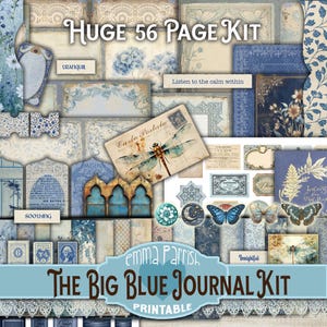 Big Blue Junk Journal kit, Printable, Vintage Ephemera, Tags, Labels, Pockets, Decorative Papers, Scrapbook, Collage, Digital Download