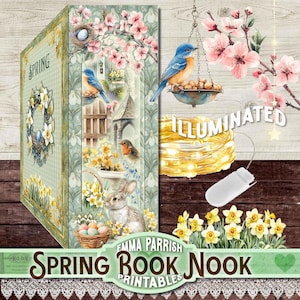 Spring Book Nook Printable Kit - Cricut Friendly 3D DIY Miniature, Easter Junk Journal Ephemera, Scrapbooking JPEG, Papercraft Download