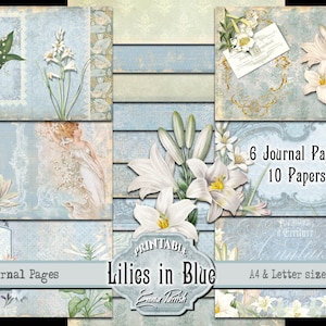 Kit de diário de lixo para impressão Vintage Lily, páginas de diário, pacote de papel digital Lily of the Valley, folhas de colagem de scrapbook floral azul e branco