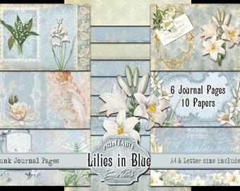 Vintage Lily Printable Junk Journal Kit, Journal Pages, Lily of the Valley Digital Paper Pack, Blue & White Floral Scrapbook Collage Sheets