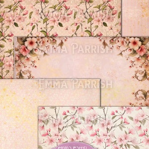 May include: A digital paper pack featuring four different designs with a cherry blossom theme. The designs include a pink and white floral pattern, a pink and white striped pattern, a pink and white floral pattern with a white lace overlay, and a pink and white floral pattern with a white lace overlay and a light brown background.