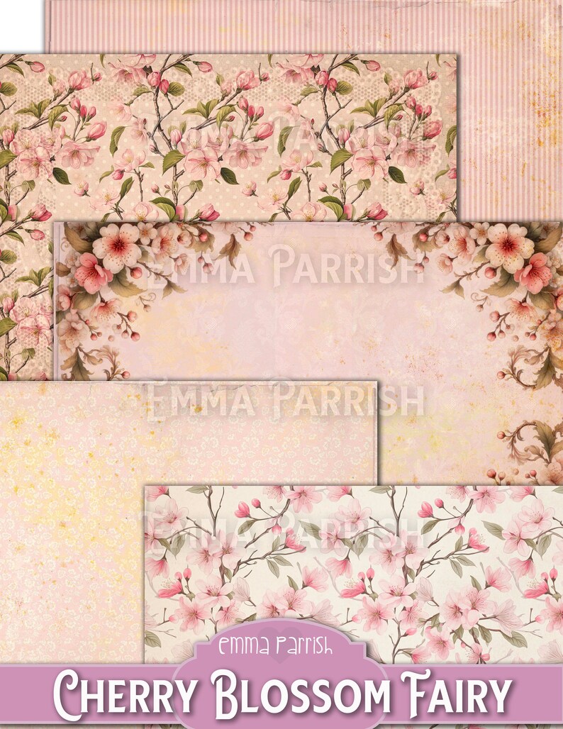 May include: A digital paper pack featuring four different designs with a cherry blossom theme. The designs include a pink and white floral pattern, a pink and white striped pattern, a pink and white floral pattern with a white lace overlay, and a pink and white floral pattern with a white lace overlay and a light brown background.
