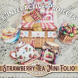 Strawberry Tea Mini Printable Folio, 6 Interactive Papercraft Projects, Junk Journal Kit, Picnic Hamper,  Cardmaking, Craft Gift, Cricut