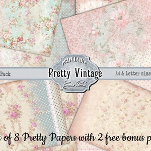 Belle carte stampabili vintage, carta shabby chic, confezione di carta digitale rosa e blu, fogli di collage di album floreali vintage, belle pagine
