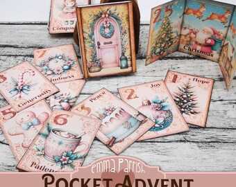 May include: A set of printable pocket advent cards with pink and blue illustrations. The cards feature numbers, Christmas-themed images, and words like "Generosity", "Peace", and "Hope". The cards are designed to be used as a countdown to Christmas.