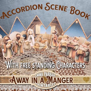 Puede incluir: Un libro de escenas de acordeón con personajes independientes. La imagen presenta una escena de la Natividad con figuras de María, José, el niño Jesús, los tres reyes magos y animales. El texto de la imagen dice "Accordion Scene Book" y "Away in a Manger Printables."