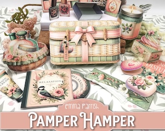 Pamper Hamper Printable Junk Journal Folio, Cricut tested, Love, Wellness, 10 Interactive Papercraft Projects, Wallet, Cardmaking