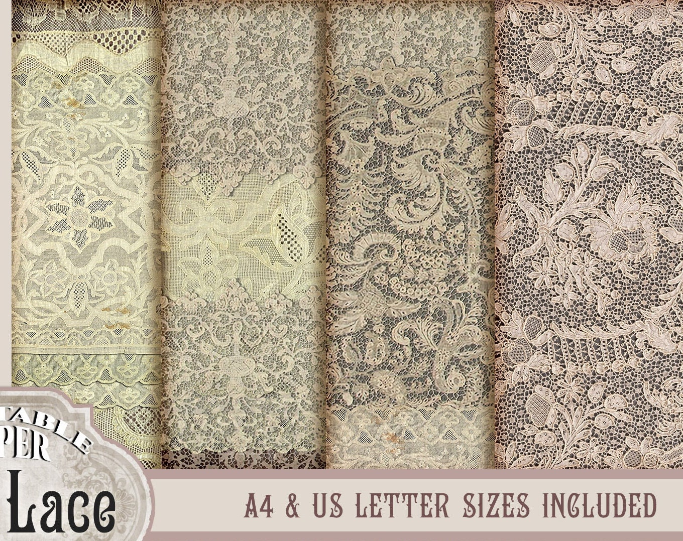 Vintage Lace Printable Digital Paper, Antique Lace Junk Journal Pages ...