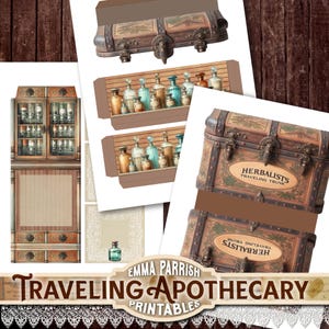 May include: A collage of vintage apothecary-themed printables. The image includes a cabinet, shelves with bottles, and a trunk labeled "Herbalists Traveling Trunk." The text "Traveling Apothecary Printables" is also visible.