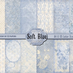 Blauw afdrukbaar papierpakket, mooie vintage blauwe ongewenste dagboekpagina's, armoedig, blauw patroon digitale plakboek-collagebladen, kortstondig