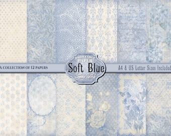 Blaues Papier zum ausdrucken, Vintage Junk Journal Seiten, shabby, Blau gemusterte Collage, shabby Seiten, Ephemera, Papier zum ausdrucken