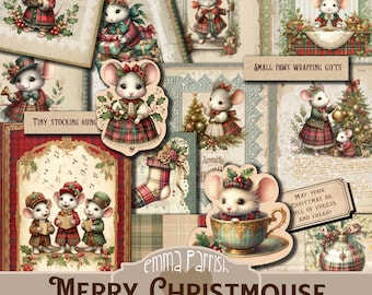 Christmas Mice Junk Journal Kit, Cute Winter Mouse, Vintage, Victorian, Printable, Paper Ephemera, Festive, Digital, Download, Large Kit