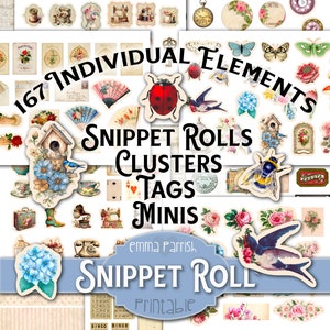 Mini Ephemera Pack for Crafting: Snippet Rolls, Tag & Card Making - Junk Journal, Scrapbook, Collage Embellishments - Printable DIY Kit
