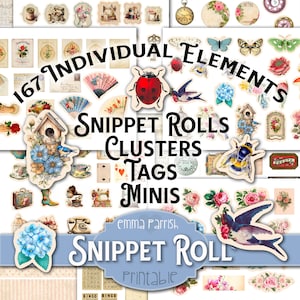 Mini pacote de itens efêmeros para artesanato: rolos de recortes, criação de etiquetas e cartões - diário de sucata, álbum de recortes, enfeites de colagem - kit faça você mesmo para impressão