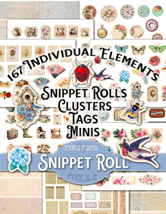 Mini Ephemera Pack for Crafting: Snippet Rolls, Tag & Card Making - Junk Journal, Scrapbook, Collage Embellishments - Printable DIY Kit