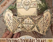 Junk Journal Printables, Interactive Folding Heart Card, Card Making Kit, Vintage Folk Art Papercraft, DIY Gift