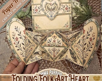 Junk Journal Printables, Interactive Folding Heart Card, Card Making Kit, Vintage Folk Art Papercraft, DIY Gift