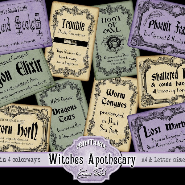 Witch Printable Apothecary Labels, Witchcraft Ephemera, Junk Journal, Tags, Download, Vintage Gothic Stickers, Grimoire, Shadow Book