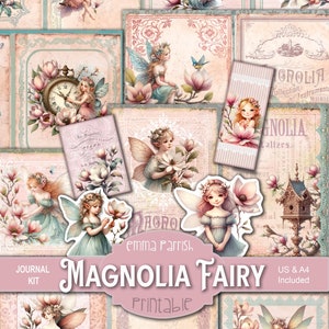 Magnolia Fairy Printable Journal Kit, Spring Flower Fairies Junk Journal Download, Floral Scrapbook, Collage, Fairy Ephemera Clipart