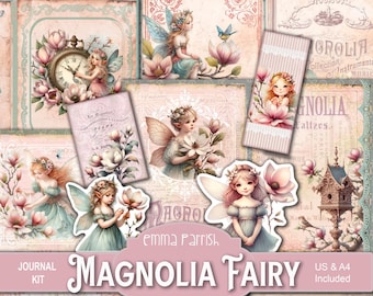 Magnolia Fairy Printable Journal Kit, Spring Flower Fairies Junk Journal Download, Floral Scrapbook, Collage, Fairy Ephemera Clipart