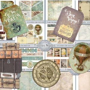 Travelers Notebook Journal Kit, vakantiedagboek, afdrukbare reispagina's, kaarten Vintage Ephemera digitaal downloadpapier, plakboekcollage