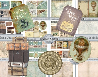 Travelers Notebook Journal Kit, Urlaub Journal, Reise druckbare Seiten, Karten Vintage Ephemera digitaler Download Papier, Scrapbook Collage