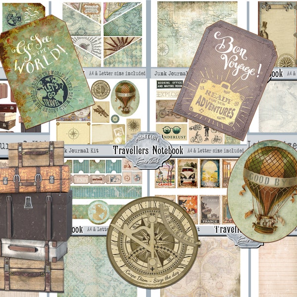 Kit de Journal de carnet de voyageurs, Journal de vacances, Pages imprimables de voyage, cartes vintage Ephemera Digital Download Paper, Scrapbook Collage