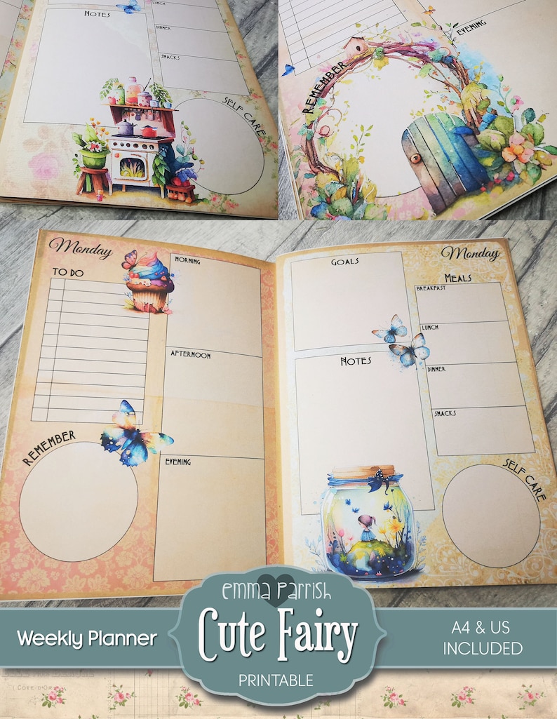 May include: A printable weekly planner with a cute fairy theme. The planner features a whimsical illustration of a fairy in a jar with butterflies and flowers. The planner includes sections for goals, meals, notes, and self-care. The planner is available in A4 and US sizes.