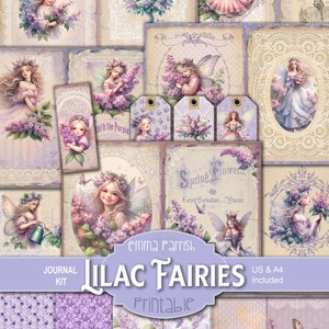 Lilac Fairies Printable Journal Kit, Spring Flower Fairy Junk Journal Download, Floral Scrapbook, Collage, Crafting, Purple Fairy Clipart