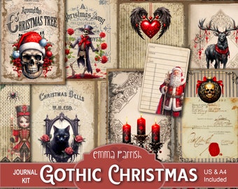May include: A printable journal kit with a gothic Christmas theme. The kit includes images of a skull wearing a Santa hat, a black cat, a Christmas tree, and a black deer. The text "Gothic Christmas" is printed in red on a banner.
