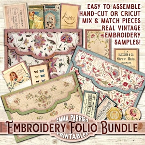 Vintage Embroidery Junk Journal Folio Bundle, Printable, Ephemera Tags, labels, Card Making, Shabby Vintage Journal Insert, Cricut