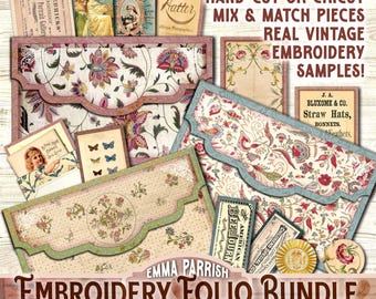 May include: A collection of printable paper craft items including three scalloped-edge envelopes with floral patterns, vintage-style ephemera cards, and labels. Text reads: EASY TO ASSEMBLE HAND-CUT OR CRICUT MIX & MATCH PIECES REAL VINTAGE EMBROIDERY SAMPLES! EMMA PARRISH EMBROIDERY FOLIO BUNDLE PRINTABLES.