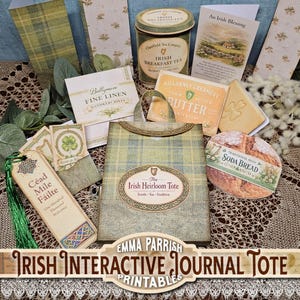 Op de afbeelding: Een verzameling Ierse thema-artikelen, waaronder een tote bag met ruitpatroon, een blikje Irish Breakfast Tea, boter, sodabrood en wenskaarten. De tote bag is voorzien van de tekst "The Irish Heirloom Tote".