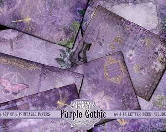 May include: A set of eight printable papers in purple, gold, and white with floral and geometric patterns. The papers are labelled "Printable Paper Purple Gothic" and include A4 and US letter sizes.