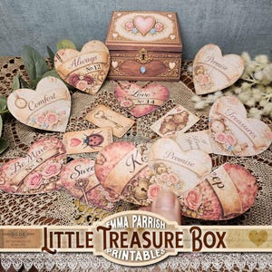 May include: A collection of vintage-style heart-shaped paper cutouts and a wooden treasure box. The hearts feature floral designs, text like "Always," "Love," and "Promise," and antique keys. The box has a heart-shaped design on the lid.