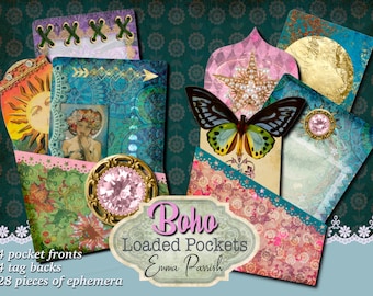 Boho druckbare beladene Taschen, Boho Junk Journal hinzufügen, Boho druckbare Tags, bunte Scrapbook Collage Kartenherstellung, Boho Aufkleber
