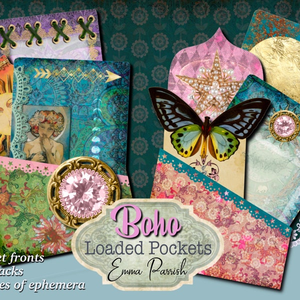 Boho Printable Loaded Pockets, Boho Junk Journal add on, Boho Printable Tags, Colorful Scrapbook Collage Card Making, Boho Stickers